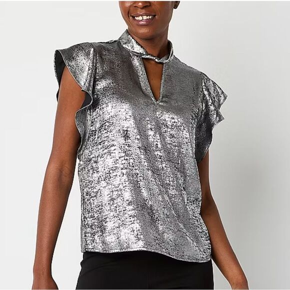 Worthington 2X Shimmering Silver Blouse Keyhole Neck Short Sleeve Satin - Picture 13 of 15